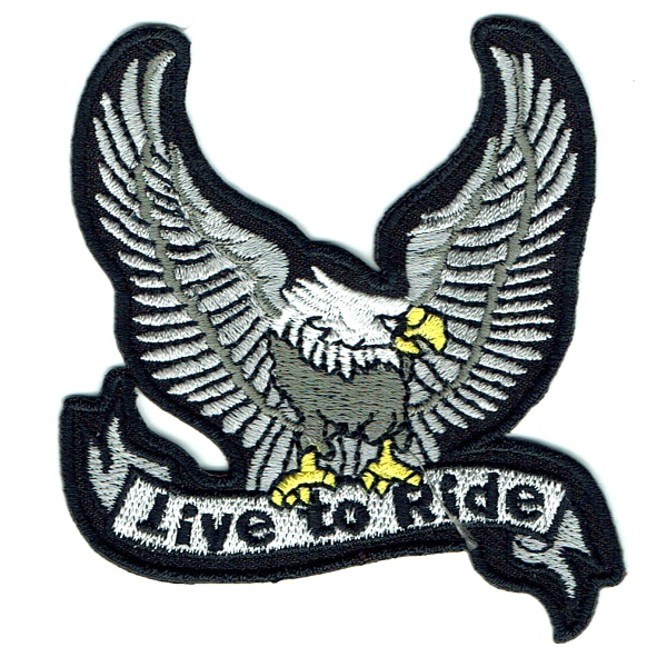 Iron on embroidered silver live to ride eagle patch