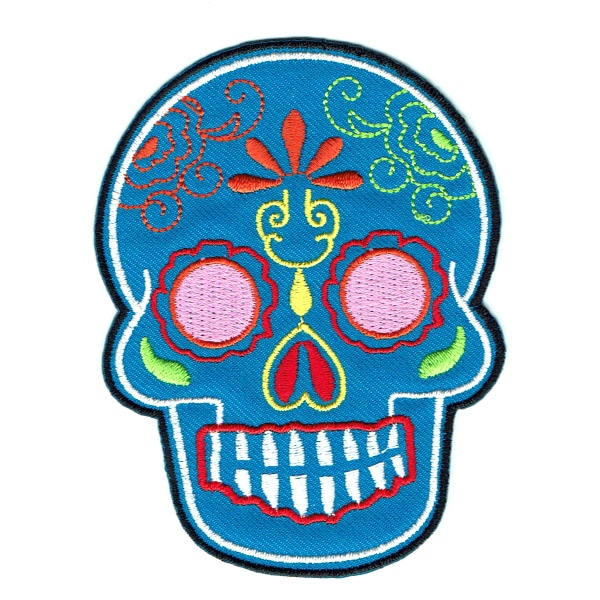 Iron on embroidered blue Mexican sugar skull patch