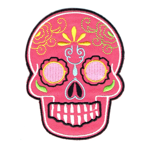 Iron on embroidered pink Mexican sugar skull patch