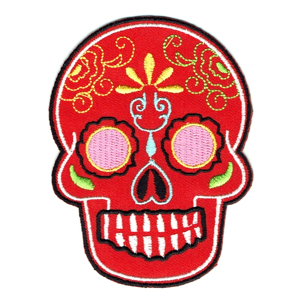 Iron on embroidered red Mexican sugar skull patch