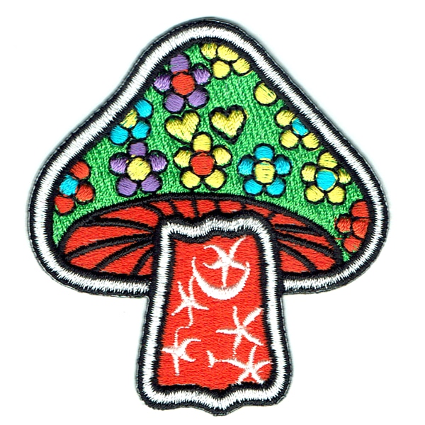 Iron on embroidered orange and green mushroom flower power patch