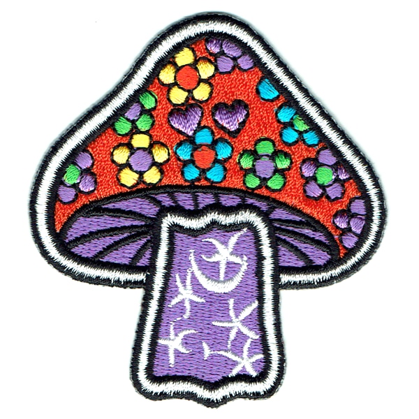 Iron on embroidered orange and purple mushroom flower power patch