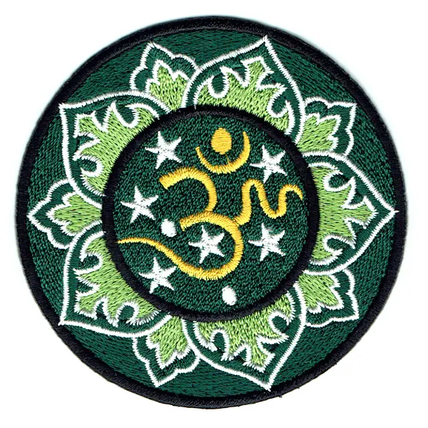 Iron on embroidered round green Om Patch