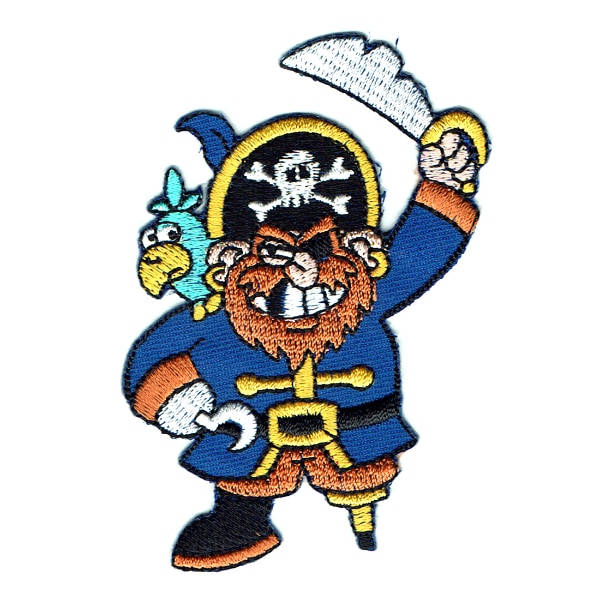 Iron on embroidered patch of a peg leg pirate with a parrot