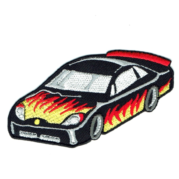 Iron on embroidered black race car with flames patch