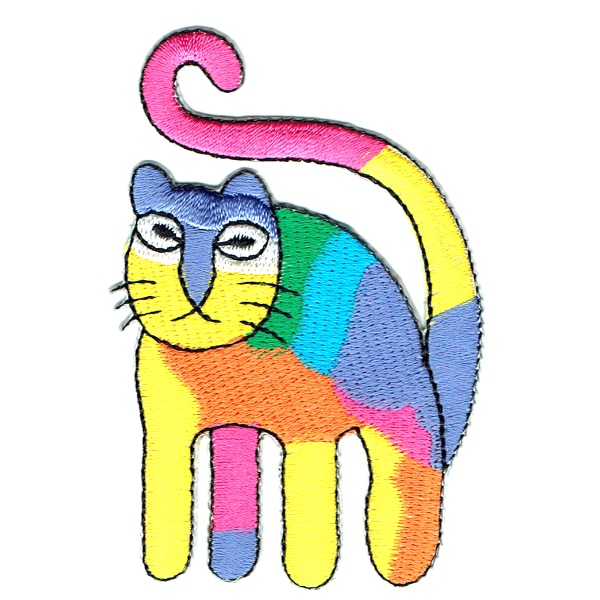 Rainbow iron on embroidered cat patch.