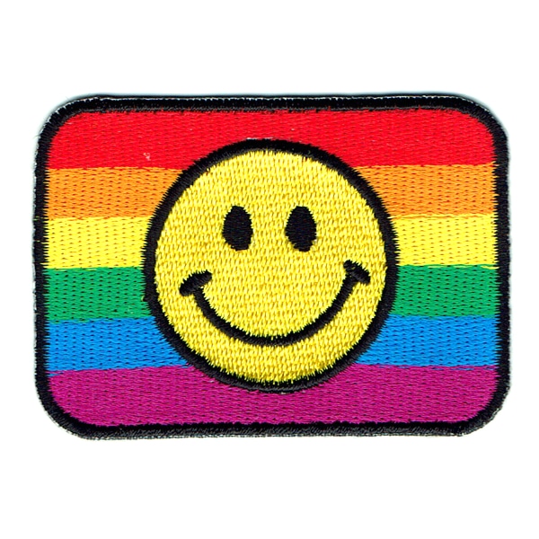 Iron on embroidered rainbow smiley flag patch