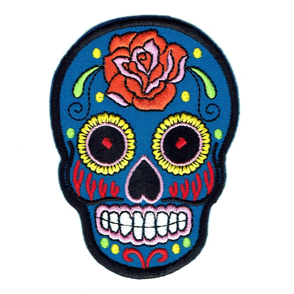 Iron on embroidered blue rose sugar skull patch