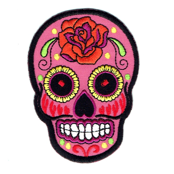 Iron on embroidered pink rose sugar skull patch