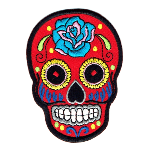 Iron on embroidered red rose sugar skull patch