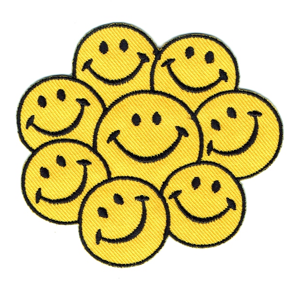 Iron on embroidered group of eight yellow smiley faces patch