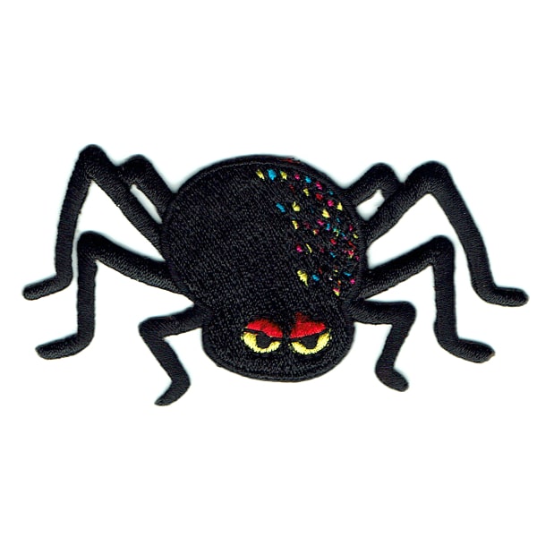 Iron on embroidered black spider patch with red and yellow eyes