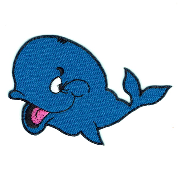 Iron on embroidered happy blue coloured whale patch