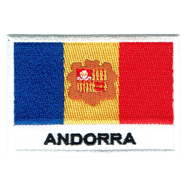 Embroidered iron on national flag of Andorra with name text.