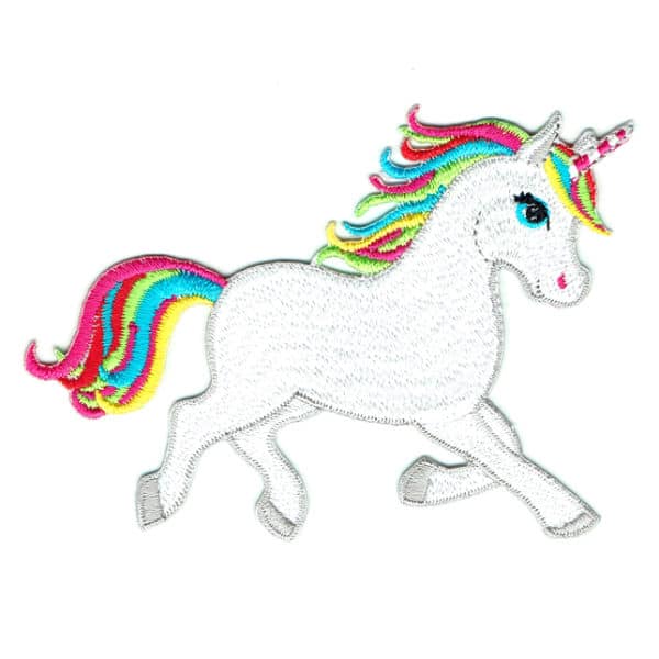Iron on embroidered white baby unicorn patch with colourful rainbow mane and tail