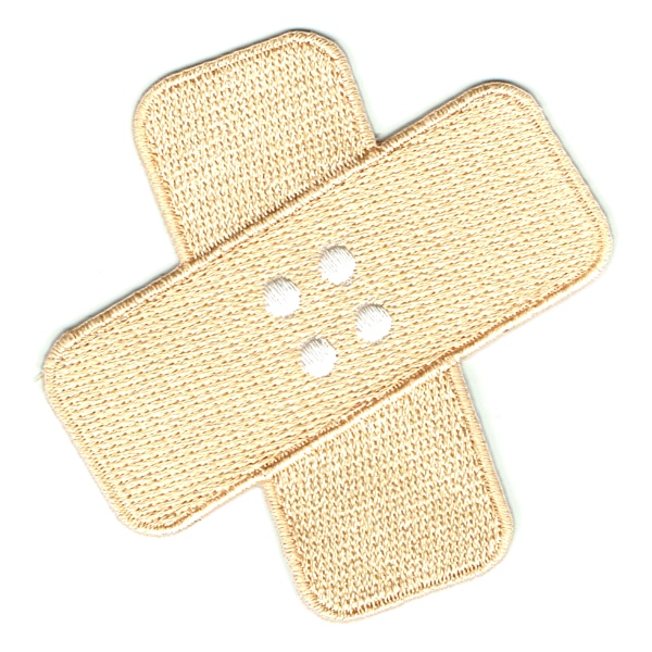 Iron on embroidered patch of 2 band aids crossed over each other