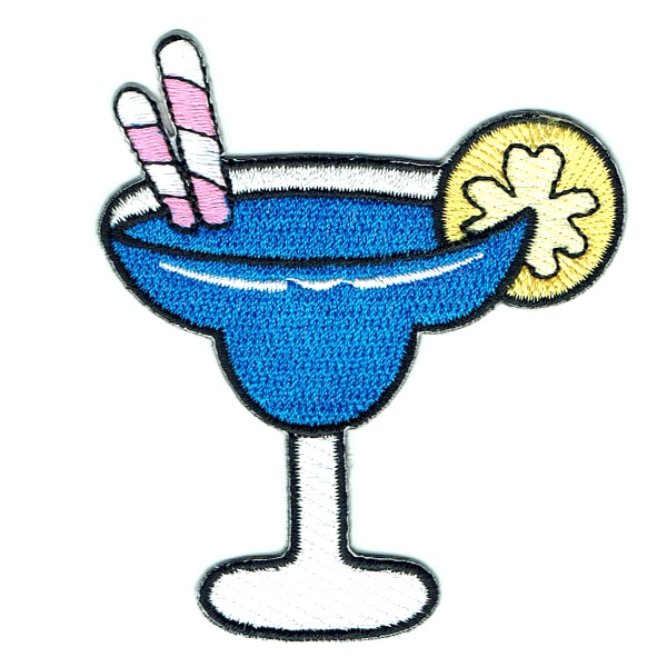 Iron on embroidered patch of a blue cocktail drink with pink straws and yellow lemon slice