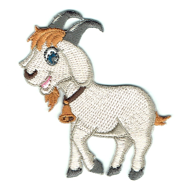 Iron on embroidered happy goat patch with a bell around his neck