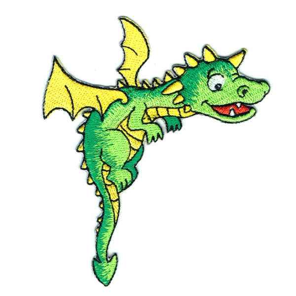 Iron on embroidered happy green dragon patch with yellow wings and spikes
