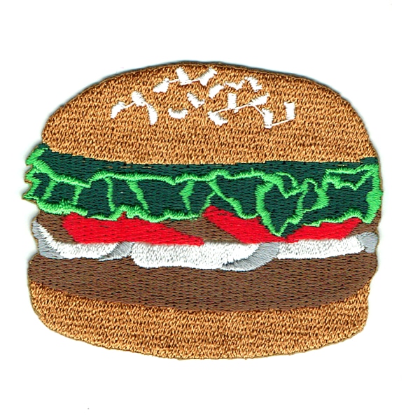 Iron on embroidered hamburger with lettuce tomato and onions patch