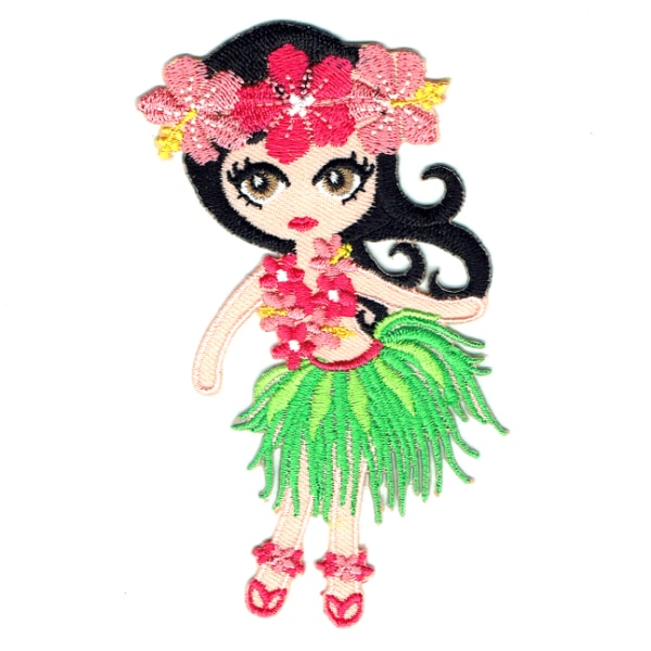 Iron on embroidered hula girl with green grass skirt and flower patch