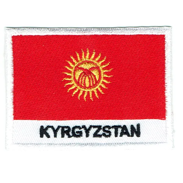 Embroidered iron on national flag of Kyrgyzstan with name text.