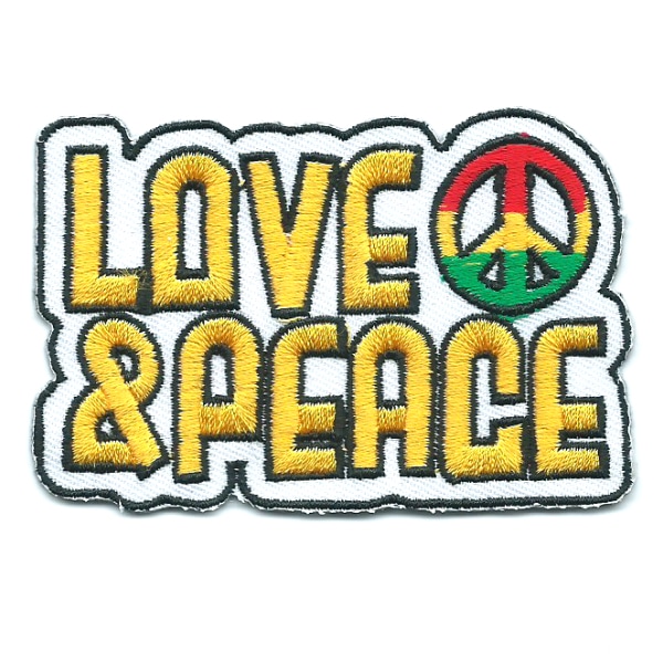 Rectangular iron on embroidered love and peace patch with peace symbol in rasta colours