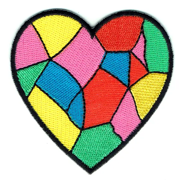 Iron on embroidered multicoloured patchwork heart shaped patch