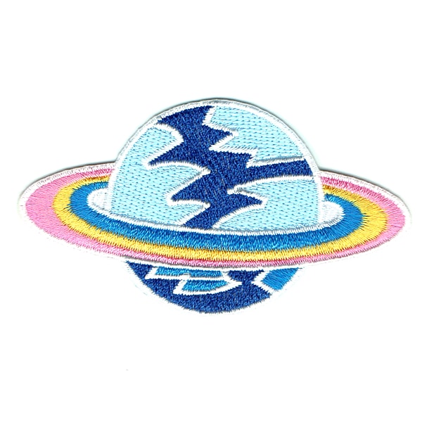 Iron on embroidered light blue plant patch with pink, yellow and blue rings