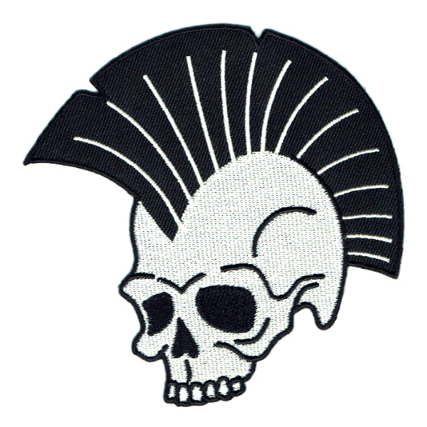 Iron on embroidered skull patch with large mow hawk