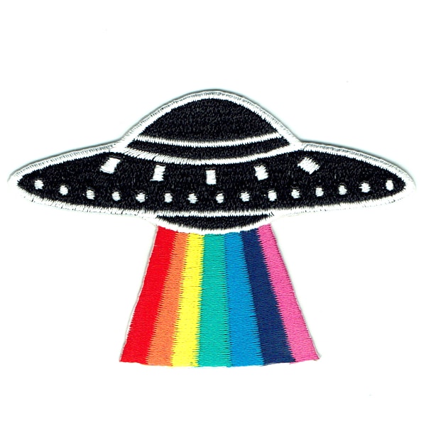 Iron on embroidered black ufo patch with rainbow laser beam