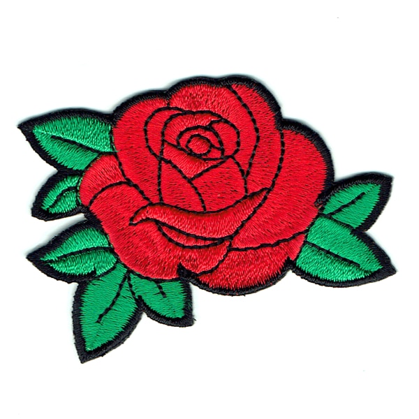 Iron on embroidered red rose flower with green leaves patch