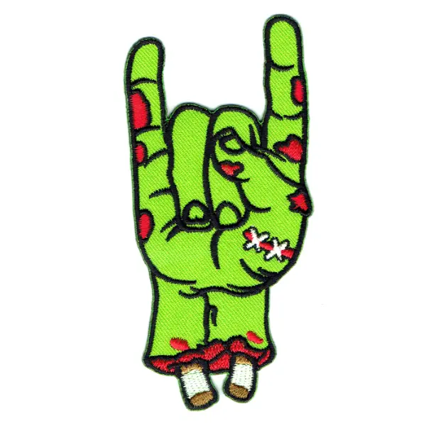 Iron on embroidered severed green zombie hand patch making rock on symbol