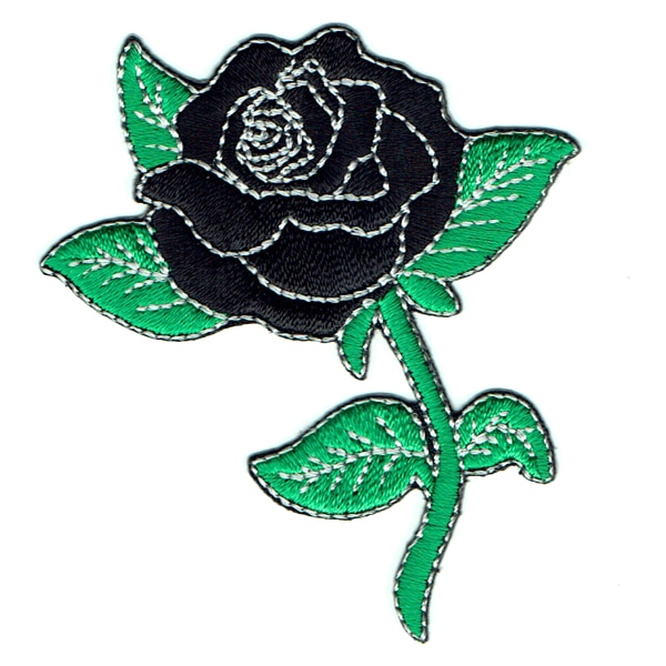 Iron on embroidered black rose patch with green leaves