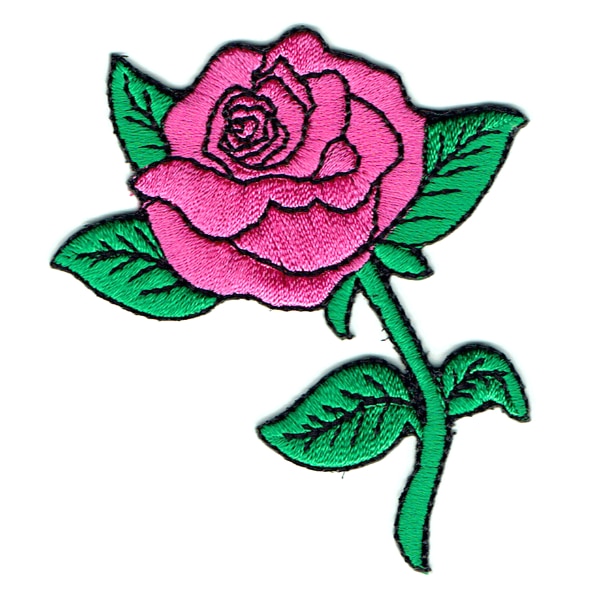 Iron on embroidered pink rose patch with green leaves