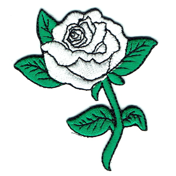 Iron embroidered white rose patch with green leaves