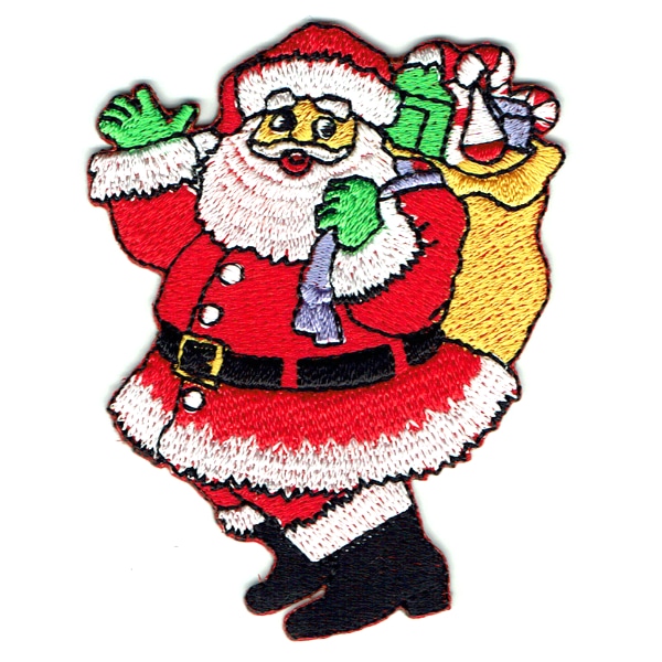 Iron on embroidered patch of santa waving and holding a sack full of presents