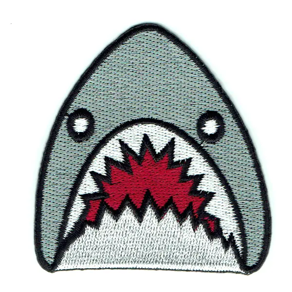 Iron on embroidered grey shark head patch with sharp teeth