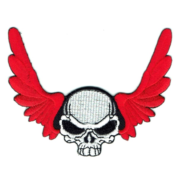 Iron on embroidered white skull patch with red wings