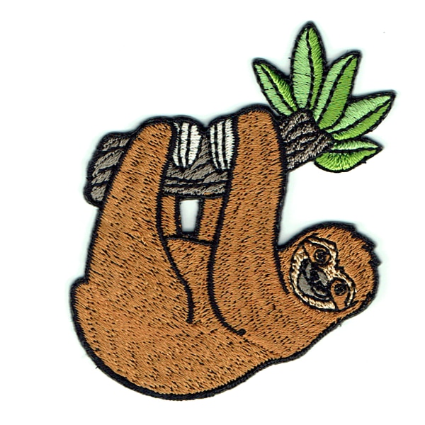 Cute embroidered iron on patch of a brown sloth hanging on a tree branch