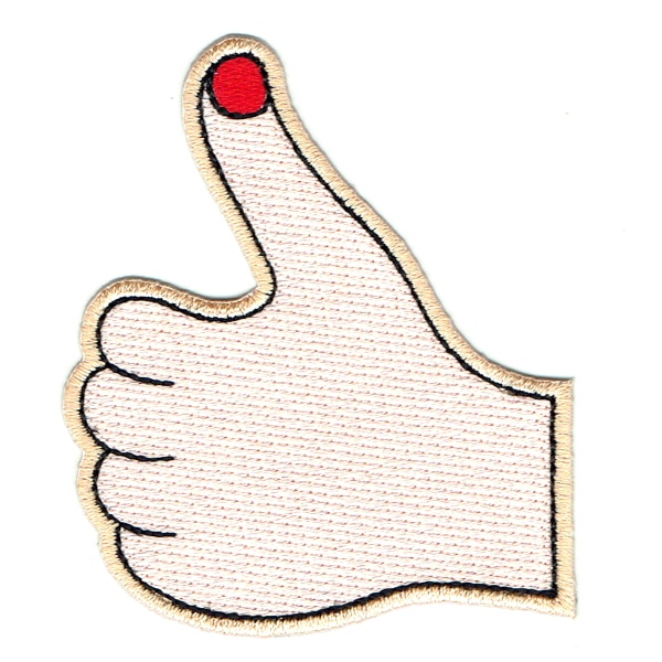 Iron on embroidered patch of a hand making the thumbs up sign with red nail polish on the thumb