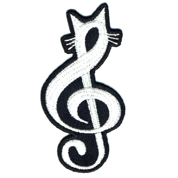 Black and white iron on embroidered treble clef patch with kitty ears and whiskers at the top