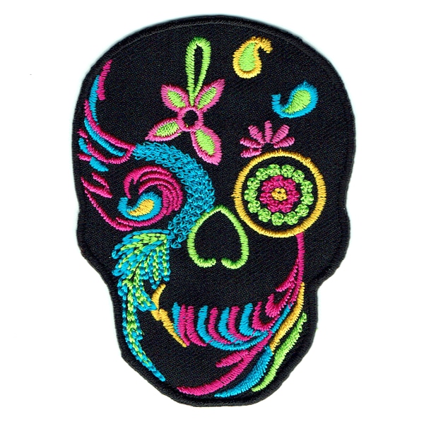 Iron on embroidered skull patch detailed with vibrant colours