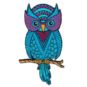 Iron on embroidered wise blue owl patch on a branch