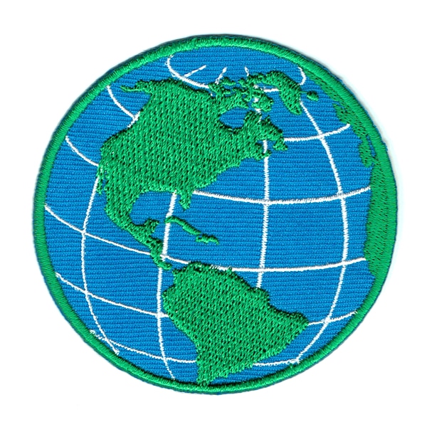 Round iron on embroidered blue and green world globe map patch
