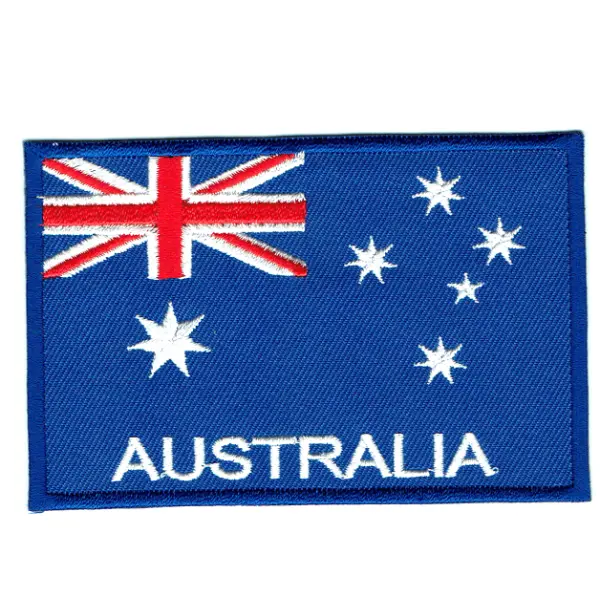 Large embroidered iron on national flag of Australia with name text.