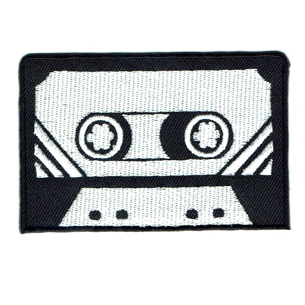 Iron on embroidered black and white cassette tape patch.