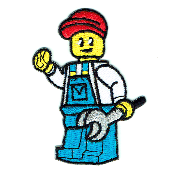 Iron On Lego style man with spanner wearing blue overalls and red hat