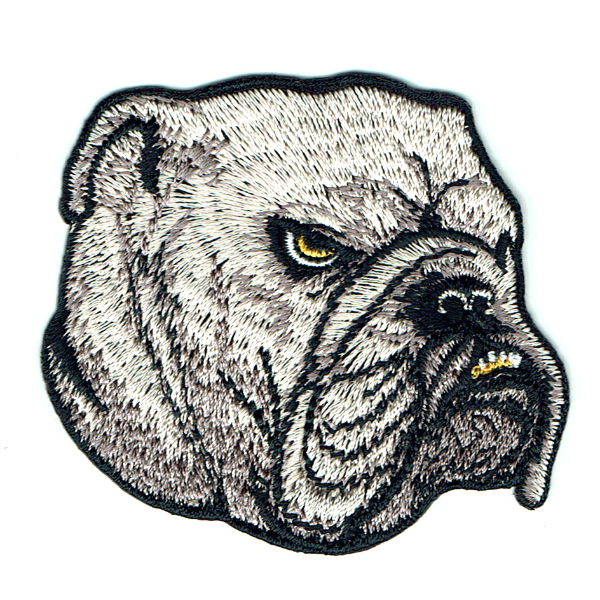 Grey bulldog head iron on embroidered patch