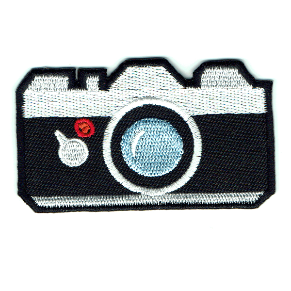 Classic style black and white iron on camera patch with light blue embroidered lens